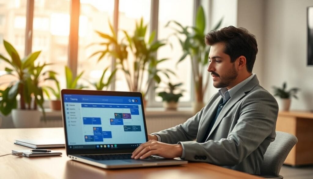 A professional office setting featuring a modern work desk with a laptop displaying a Microsoft Teams interface. In the foreground, a calendar app is prominently visible on the laptop screen, showing time slots filled with scheduled meetings. A well-dressed business professional, in smart casual attire, is seated at the desk, focused on the screen, managing their status with a thoughtful expression. Soft, natural lighting filters through a large window in the background, illuminating houseplants and soft office decor, creating a warm and inviting atmosphere. The angle is slightly from above, providing a clear view of both the screen and the individual engaged in status management. The overall mood conveys productivity and effective time management.