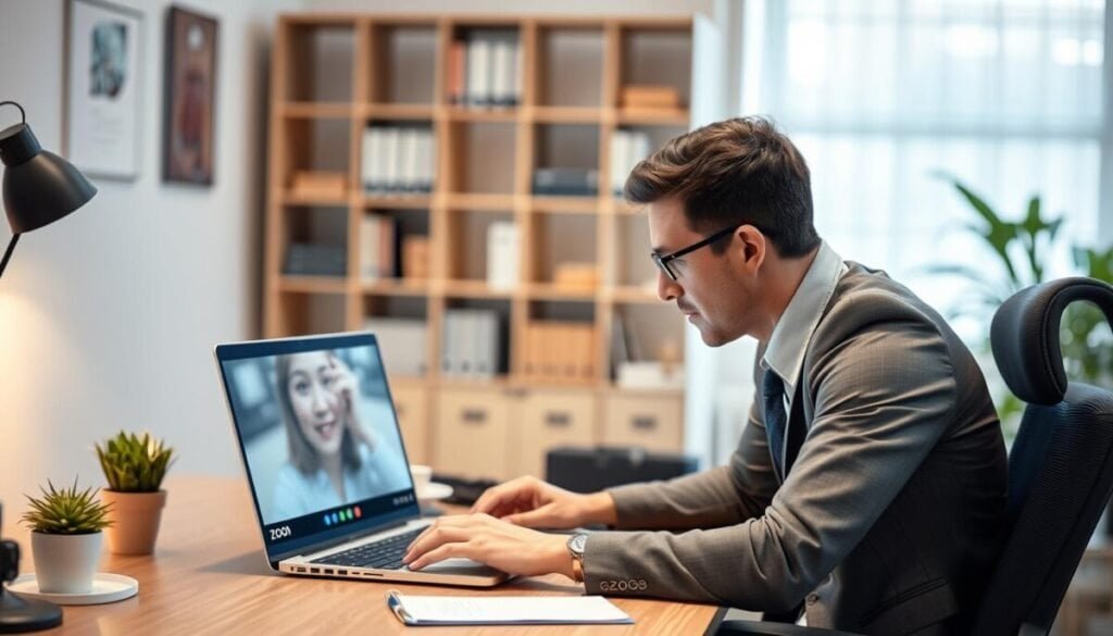 A professional office setting featuring a person in business casual attire sitting at a desk, facing a laptop. The laptop screen displays a Zoom interface with a blurry, ineffective virtual background. The individual is slightly leaning forward, looking thoughtfully as they troubleshoot the display issues, adjusting settings on the screen. Surrounding the desk, there are elements like a notepad, a plant, and soft ambient lighting to create a warm atmosphere. The background includes a well-organized bookshelf and a window with diffused natural light, suggesting an inviting yet focused workspace. The mood is one of concentration and problem-solving, with a soft focus on the virtual background settings to highlight the troubleshooting theme effectively.