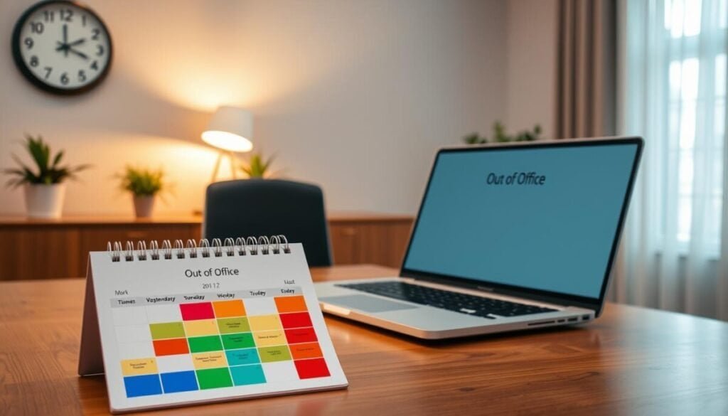 A professional office setting, featuring a sleek wooden desk with an open laptop displaying the Microsoft Outlook interface set to "Out of Office." In the foreground, a neatly organized calendar is visible, marked with bright color-coded blocks indicating vacation days. A comfortable swivel chair is slightly angled, and a potted plant adds a touch of greenery. The middle ground includes a wall-mounted clock showing a late afternoon hour, while a soft glow from a desk lamp casts warm light, creating an inviting atmosphere. The background features a window with sheer curtains, allowing natural light to filter in, enhancing the ambiance. The overall mood is calm and productive, emphasizing a balance between work and personal time. A professional office setting, featuring a sleek wooden desk with an open laptop displaying the Microsoft Outlook interface set to "Out of Office." In the foreground, a neatly organized calendar is visible, marked with bright color-coded blocks indicating vacation days. A comfortable swivel chair is slightly angled, and a potted plant adds a touch of greenery. The middle ground includes a wall-mounted clock showing a late afternoon hour, while a soft glow from a desk lamp casts warm light, creating an inviting atmosphere. The background features a window with sheer curtains, allowing natural light to filter in, enhancing the ambiance. The overall mood is calm and productive, emphasizing a balance between work and personal time.