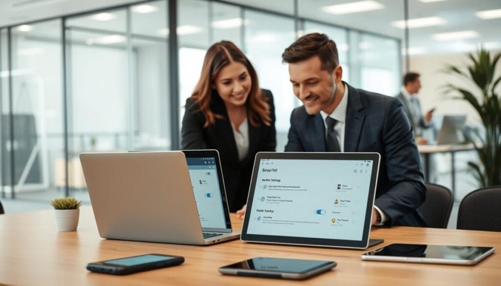 A professional office setting focused on secure admin management. In the foreground, a diverse group of two business professionals—one woman in a smart blazer and one man in a tailored suit—are engaged in a discussion over a laptop displaying security features and admin settings. In the middle ground, a sleek desk with tech gadgets, such as a smartphone and a tablet with security applications open, complements the scene. The background features a modern office with glass walls, soft natural lighting filtering through, creating a vibrant yet professional atmosphere. The overall mood should convey focus, collaboration, and the importance of safety in digital management.