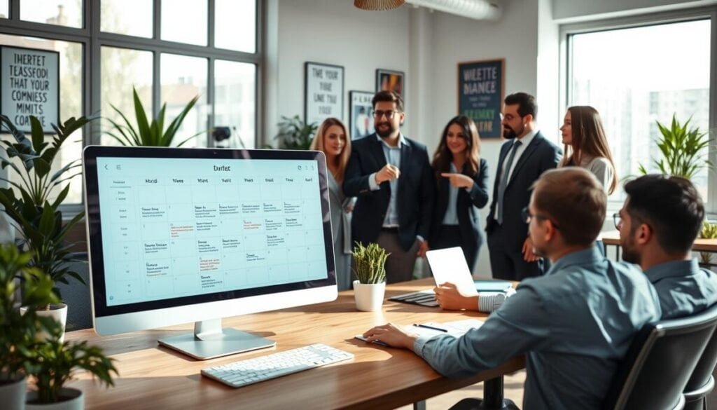 A professional office setting that illustrates "buffer time service" effectively. In the foreground, a sleek digital calendar displayed on a modern computer screen shows appointments with visible buffer times marked clearly between each appointment. The middle ground features a diverse group of team members, dressed in professional attire, engaging collaboratively while pointing at the calendar on the screen. The background includes a well-organized workspace with plants and motivational posters that evoke a productive atmosphere. Natural light streams in through large windows, creating a bright and inviting mood while soft shadows add depth. The camera angle should be slightly elevated, capturing the interaction between the team and the screen.