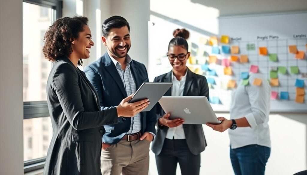 A professional office setting with a diverse group of three teammates engaged in a task handoff. In the foreground, a woman in professional attire is handing a tablet to a man in business casual clothing, both smiling and engaged in conversation. The middle ground features another colleague, intently reviewing a project plan on a laptop. Bright, natural lighting spills in from a large window, casting soft shadows. In the background, a whiteboard displays colorful sticky notes and charts, illustrating teamwork and collaboration. The overall mood is focused and positive, highlighting effective communication and teamwork in a modern workplace. The image is captured from a slightly elevated angle to provide a clear view of the interaction and workspace.