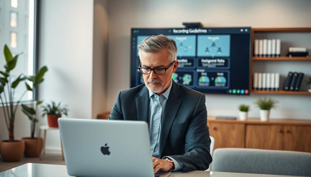 A professional office setting with a focus on managing recording policies and permissions in a Microsoft Teams environment. In the foreground, a middle-aged man in business attire, intently reviewing recording guidelines on a laptop, with a thoughtful expression. In the middle, a large screen displays visualization of recording policies and permissions, featuring diagrams and flowcharts. The background will have modern office furniture, including potted plants and shelves with professional books. Soft, ambient lighting creates a calm and organized atmosphere, suggesting focus and productivity. The perspective is slightly angled to capture the man's engagement with the technology, emphasizing clarity and professionalism in a corporate setting.