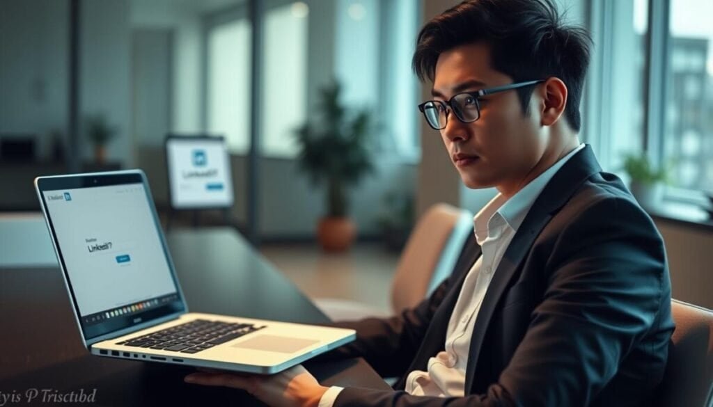 A professional setting illustrating the concept of LinkedIn account recovery. In the foreground, a person of Asian descent, dressed in a smart casual outfit, sits at a sleek laptop, looking focused and determined. The middle layer features the laptop screen displaying the LinkedIn login page with a "Forgot Password?" link highlighted. In the background, a modern office environment with soft, natural lighting filters through a large window, casting a warm glow over the workspace. The mood is one of calm persistence and problem-solving, epitomized by the person’s expression. The overall composition conveys a sense of urgency yet maintains a professional atmosphere, suitable for a trusted business context.