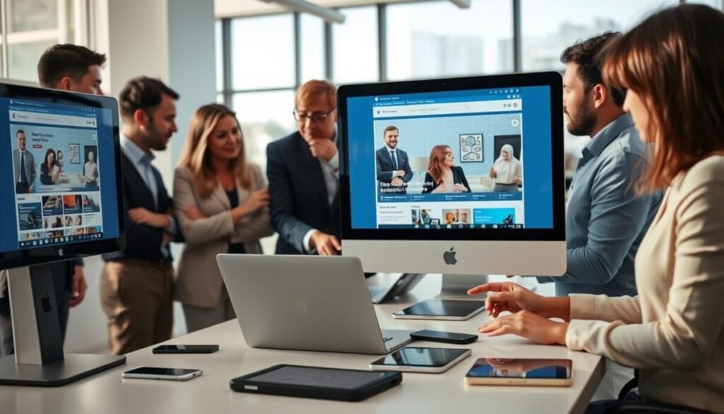 A professional setting showcasing a computer screen displaying the Facebook Marketplace interface, featuring items for sale and user icons. In the foreground, a diverse group of individuals dressed in smart casual attire are engaged in conversation, pointing at a laptop. The middle ground has a table with various digital devices, like tablets and smartphones, symbolizing online shopping. The background highlights a bright office environment with large windows letting in natural light, casting soft shadows. The mood is focused and collaborative, emphasizing troubleshooting and support. The composition should be shot with a slight depth of field to keep the group and screens in sharp focus while softly blurring the background for a clean, professional look.
