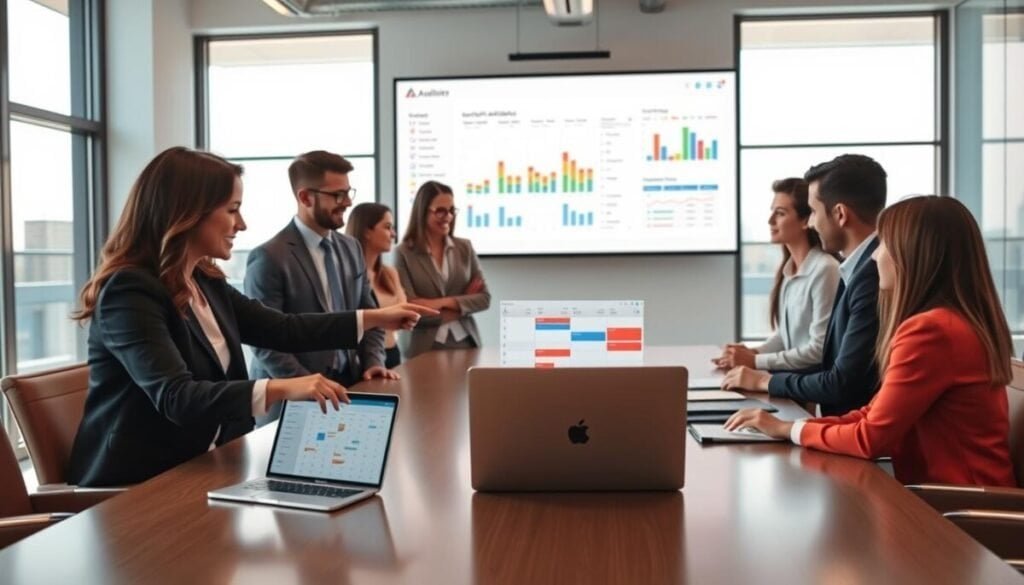 A professional setting showcasing a modern office workspace, where a diverse group of individuals in business attire are engaged in a strategy meeting around a sleek conference table. In the foreground, a woman points at a digital calendar displayed on a laptop, illustrating a complex availability schedule. The middle ground features a large screen projecting colorful graphs and charts indicating event types, meeting availability, and time slots. The background shows large windows letting in soft natural light, enhancing the atmosphere of collaboration and focus. The scene should convey a sense of clarity, organization, and productivity, with warm, inviting lighting to create an approachable yet professional mood. The angle is slightly elevated to capture the dynamic interaction among team members while emphasizing the technology in use. A professional setting showcasing a modern office workspace, where a diverse group of individuals in business attire are engaged in a strategy meeting around a sleek conference table. In the foreground, a woman points at a digital calendar displayed on a laptop, illustrating a complex availability schedule. The middle ground features a large screen projecting colorful graphs and charts indicating event types, meeting availability, and time slots. The background shows large windows letting in soft natural light, enhancing the atmosphere of collaboration and focus. The scene should convey a sense of clarity, organization, and productivity, with warm, inviting lighting to create an approachable yet professional mood. The angle is slightly elevated to capture the dynamic interaction among team members while emphasizing the technology in use.