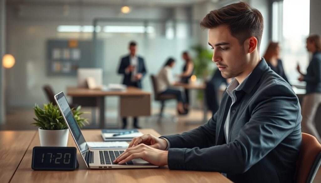 A professional setting showcasing a person managing their presence availability in Microsoft Teams. In the foreground, a focused individual in smart casual attire is seated at a modern desk with a laptop open, intently adjusting their status settings. Their face shows concentration, illuminated by soft, warm desk lighting. In the middle, a well-organized workspace appears, featuring a plant, notebooks, and a digital clock displaying time zones. In the background, a lightly blurred office environment with colleagues in professional attire collaborating in the background, creating a sense of teamwork. The atmosphere is calm and productive, emphasizing a balance between work and personal status management. Use natural lighting from a window to create a fresh and inviting ambiance.