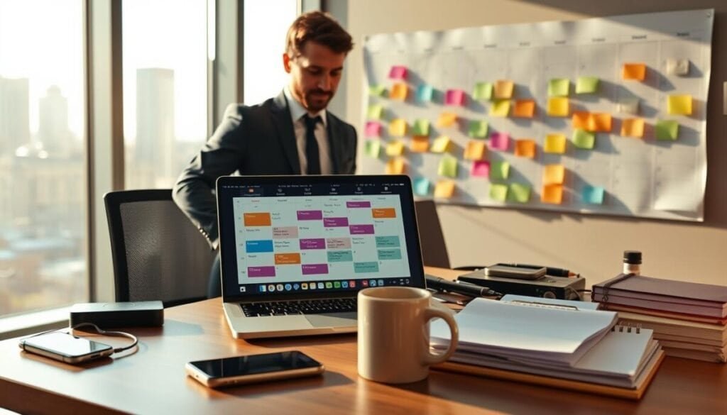 A professional travel planner standing near a modern office desk cluttered with digital devices and a calendar app open on a laptop screen, showcasing a complex schedule with overlapping meetings. In the foreground, a smartphone rests beside a coffee mug. In the middle ground, there’s a large wall calendar filled with colorful sticky notes denoting different appointments and travel plans. The background features a large window showing a city skyline, bathed in warm afternoon sunlight, casting soft shadows. The atmosphere conveys a sense of organized chaos, emphasizing the importance of managing travel time effectively. Use soft focus on the background while keeping the foreground sharp, using a standard lens to create a professional look while maintaining a vibrant color palette. A professional travel planner standing near a modern office desk cluttered with digital devices and a calendar app open on a laptop screen, showcasing a complex schedule with overlapping meetings. In the foreground, a smartphone rests beside a coffee mug. In the middle ground, there’s a large wall calendar filled with colorful sticky notes denoting different appointments and travel plans. The background features a large window showing a city skyline, bathed in warm afternoon sunlight, casting soft shadows. The atmosphere conveys a sense of organized chaos, emphasizing the importance of managing travel time effectively. Use soft focus on the background while keeping the foreground sharp, using a standard lens to create a professional look while maintaining a vibrant color palette.