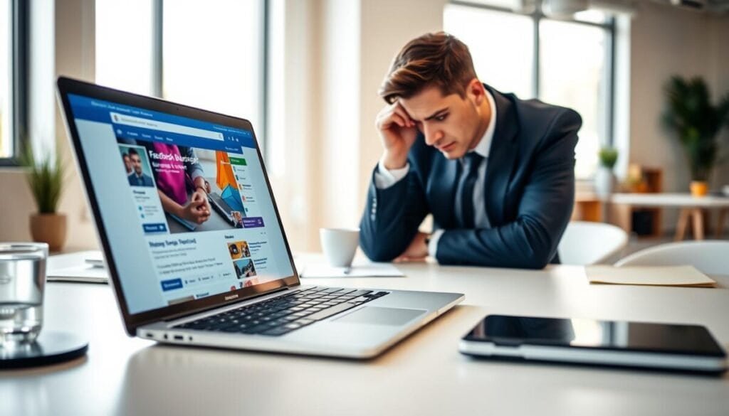 A professional workspace depicting a digital business page interface. In the foreground, a sleek laptop is open, displaying the Facebook Business Manager dashboard with vibrant colors. A businessperson in smart casual attire is intently studying the screen, hinting at frustration and focus. The middle ground includes a modern, minimalist desk with stationery, a coffee mug, and subtle hints of office decor. The background is a softly blurred office environment, with bright, natural lighting streaming in through large windows, creating a warm and inviting atmosphere. The perspective is slightly angled to emphasize the laptop and the person's focused expression, conveying the challenges of navigating integration issues effectively.