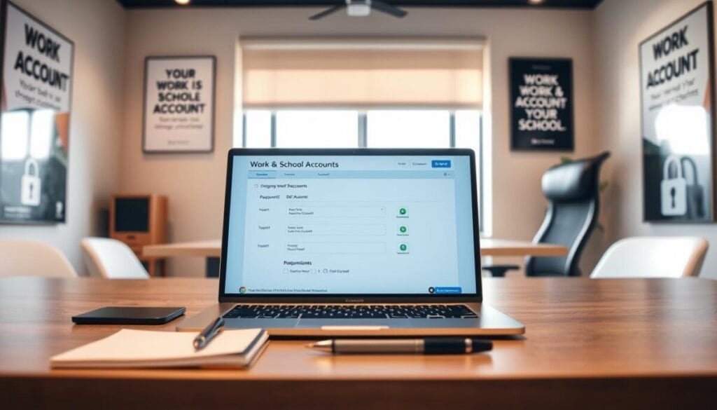 A professional workspace scene featuring a modern office table with a laptop displaying a password management interface for work and school accounts. In the foreground, a notepad and a pen are neatly arranged next to the laptop, suggesting organization and attention to detail. The middle ground includes a stylish, ergonomic chair facing the desk. In the background, a window allows soft, natural light to illuminate the space, creating a warm and inviting atmosphere. The walls are adorned with subtle motivational posters about cybersecurity, enhancing the professionalism of the environment. The overall mood conveys focus and productivity, ideal for managing work and school account credentials. The scene is devoid of any text, signatures, or watermarks. A professional workspace scene featuring a modern office table with a laptop displaying a password management interface for work and school accounts. In the foreground, a notepad and a pen are neatly arranged next to the laptop, suggesting organization and attention to detail. The middle ground includes a stylish, ergonomic chair facing the desk. In the background, a window allows soft, natural light to illuminate the space, creating a warm and inviting atmosphere. The walls are adorned with subtle motivational posters about cybersecurity, enhancing the professionalism of the environment. The overall mood conveys focus and productivity, ideal for managing work and school account credentials. The scene is devoid of any text, signatures, or watermarks.