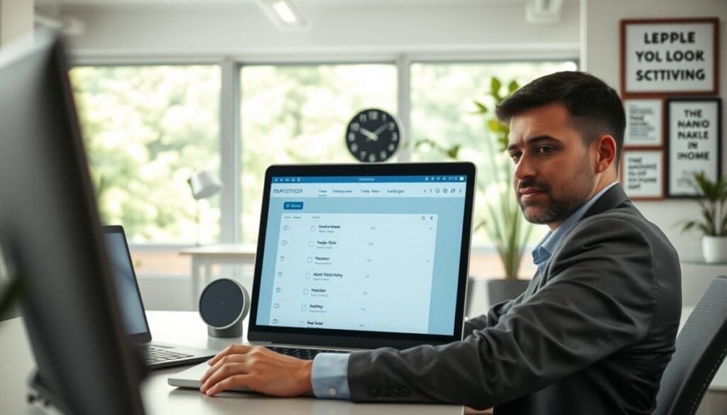 A professional workspace set up for "Adjusting Email Notification Delivery Schedules." In the foreground, a focused business person, dressed in smart casual attire, sits at a modern desk with a laptop open, displaying an email application. The middle layer features a digital calendar with notification settings, glowing softly on the screen. Nearby, a stylish wall clock indicates time management. The background shows a bright, airy office with large windows letting in natural light, lush greenery outside, and framed motivational quotes on the wall. The atmosphere is calm and productive, conveying a sense of focus and organization. Soft, diffused lighting enhances the tranquility of the scene, with a slight depth of field to draw attention to the subject’s focused expression and the screen.