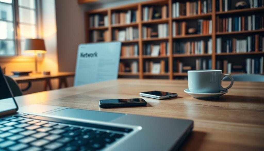 A professional workspace showcasing a modern digital device, prominently displaying a clock and network settings interface. In the foreground, a sleek laptop with a shadowed keyboard reflects the glow of the screen. The middle ground features a smartphone placed on a wooden desk beside a cup of coffee, both capturing the essence of a productive environment. In the background, a softly lit room with blurred bookshelves suggests knowledge and focus, with warm ambient lighting creating an inviting atmosphere. The angle is slightly tilted from above, emphasizing both the device settings and the calming setup. The overall mood is one of clarity and professionalism, perfect for addressing tech optimization. The scene should not contain any text, people, or distractions. A professional workspace showcasing a modern digital device, prominently displaying a clock and network settings interface. In the foreground, a sleek laptop with a shadowed keyboard reflects the glow of the screen. The middle ground features a smartphone placed on a wooden desk beside a cup of coffee, both capturing the essence of a productive environment. In the background, a softly lit room with blurred bookshelves suggests knowledge and focus, with warm ambient lighting creating an inviting atmosphere. The angle is slightly tilted from above, emphasizing both the device settings and the calming setup. The overall mood is one of clarity and professionalism, perfect for addressing tech optimization. The scene should not contain any text, people, or distractions.