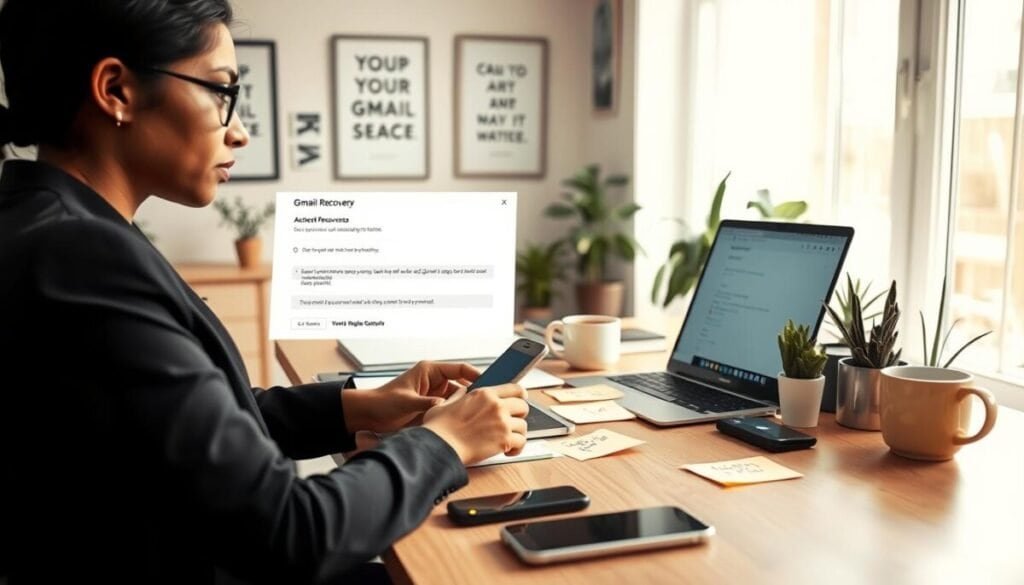 A professional workspace with a focused individual at a desk, using a laptop to navigate Gmail recovery options. The foreground features the person, a South Asian woman wearing smart-casual attire, looking intently at the screen, with a concerned expression. The middle ground shows a large, well-organized desk cluttered with tech gadgets like a smartphone, sticky notes with recovery steps, and a cup of coffee. The background is softly blurred to highlight a bright, airy home office with plants and motivational posters. Soft natural lighting filters through a window, creating an atmosphere of determination and focus, emphasizing the action of recovering access to a hacked Gmail account. A professional workspace with a focused individual at a desk, using a laptop to navigate Gmail recovery options. The foreground features the person, a South Asian woman wearing smart-casual attire, looking intently at the screen, with a concerned expression. The middle ground shows a large, well-organized desk cluttered with tech gadgets like a smartphone, sticky notes with recovery steps, and a cup of coffee. The background is softly blurred to highlight a bright, airy home office with plants and motivational posters. Soft natural lighting filters through a window, creating an atmosphere of determination and focus, emphasizing the action of recovering access to a hacked Gmail account.