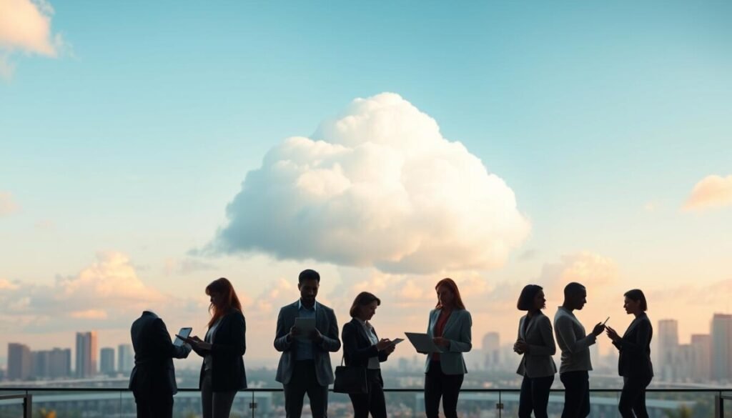 A serene digital landscape featuring a large, stylized iCloud symbol floating gracefully in a soft blue sky, surrounded by fluffy white clouds. In the foreground, a diverse group of business professionals, dressed in smart casual attire, are engaged in conversation while using their laptops and smartphones, showcasing their seamless connection to the iCloud service. The middle ground includes silhouettes of iconic Apple devices such as an iPhone, iPad, and MacBook, emphasizing the Apple ecosystem. The background features a modern city skyline bathed in warm sunset light, hinting at the digital connectivity that iCloud provides. The atmosphere should feel calm and trusting, highlighting the reliability of cloud storage. The scene is captured with a warm color palette and a shallow depth of field to draw attention to the iCloud symbol and the professionals. A serene digital landscape featuring a large, stylized iCloud symbol floating gracefully in a soft blue sky, surrounded by fluffy white clouds. In the foreground, a diverse group of business professionals, dressed in smart casual attire, are engaged in conversation while using their laptops and smartphones, showcasing their seamless connection to the iCloud service. The middle ground includes silhouettes of iconic Apple devices such as an iPhone, iPad, and MacBook, emphasizing the Apple ecosystem. The background features a modern city skyline bathed in warm sunset light, hinting at the digital connectivity that iCloud provides. The atmosphere should feel calm and trusting, highlighting the reliability of cloud storage. The scene is captured with a warm color palette and a shallow depth of field to draw attention to the iCloud symbol and the professionals.