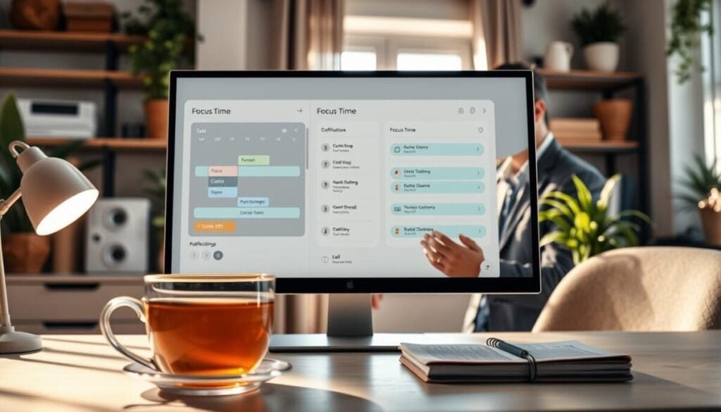 A serene home office scene, featuring a computer screen displaying a clutter-free calendar interface with “Focus Time” notifications in soothing colors. In the foreground, a stylish desk with a cup of herbal tea and a notepad, suggesting a peaceful workspace. The middle ground features a professional-looking individual, dressed in business casual attire, intently reviewing their calendar settings on the computer. Soft, natural lighting filters through a nearby window, creating a warm atmosphere that promotes concentration. In the background, plants and organized shelves add a touch of tranquility, enhancing the ambiance. The composition captures the essence of productivity and focus, ideal for illustrating the theme of notification settings for maximum concentration in a work environment.