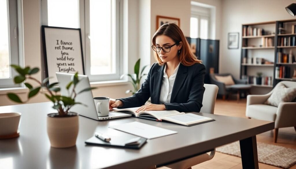 A serene home office scene illuminated by soft, natural light filtering through large windows. In the foreground, a professional woman in smart business attire is seated at a sleek desk adorned with a modern laptop, an open planner, and a coffee mug, deeply focused while using Viva Insights. In the middle ground, a potted plant adds a touch of greenery alongside a framed motivational quote on the wall. The background features a cozy reading nook with a comfy chair and bookshelves filled with books. The overall mood is one of calm productivity and balance, emphasizing a harmonious work environment. Camera angle slightly elevated to capture the workspace's organization and tranquility, with a warm color palette enhancing the inviting atmosphere.