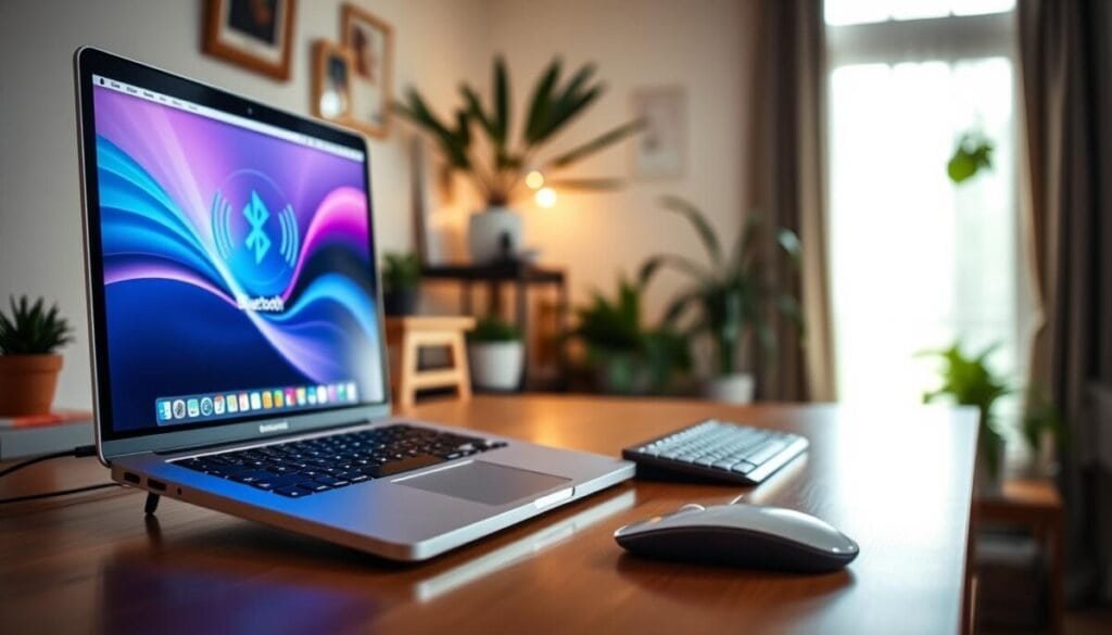 A serene home office setting showcasing a modern MacBook on a sleek wooden desk, with a wireless mouse and keyboard reconnecting via Bluetooth. In the foreground, the MacBook's screen displays a colorful Bluetooth connectivity interface with animated signal waves. The middle ground features the wireless peripherals, highlighted with a soft glow, symbolizing their reconnection. In the blurred background, a cozy environment with houseplants and a gentle light streaming through a window, conveying a calm and productive atmosphere. Natural light illuminates the scene, creating a warm and inviting mood, shot from a slightly elevated angle to capture the essence of technology harmoniously integrated into everyday life.