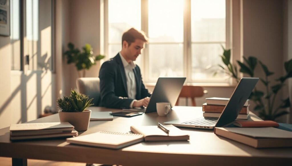 A serene office environment bathed in warm, natural daylight streaming through large windows. In the foreground, a modern desk cluttered with a laptop, notepad, and a small potted plant, suggesting a focus on deep work. In the middle ground, a professional looking person in business attire is seated, intently working on the laptop, surrounded by calming elements like books and a coffee mug. The backdrop showcases a minimalist office space with soft color tones and plants that add an atmosphere of tranquility and concentration. The lighting is soft and inviting, creating a focused yet relaxed mood that emphasizes productivity and deep work. The scene captures the essence of finding focus time in a busy work life. A serene office environment bathed in warm, natural daylight streaming through large windows. In the foreground, a modern desk cluttered with a laptop, notepad, and a small potted plant, suggesting a focus on deep work. In the middle ground, a professional looking person in business attire is seated, intently working on the laptop, surrounded by calming elements like books and a coffee mug. The backdrop showcases a minimalist office space with soft color tones and plants that add an atmosphere of tranquility and concentration. The lighting is soft and inviting, creating a focused yet relaxed mood that emphasizes productivity and deep work. The scene captures the essence of finding focus time in a busy work life.
