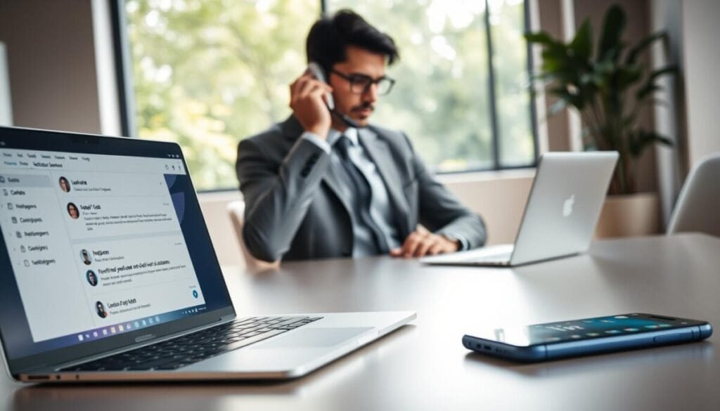 A serene office environment capturing the essence of managing notifications. In the foreground, a modern desk with a sleek laptop displays an open Microsoft Teams interface, showcasing a notification management setting. To the right, a smartphone rests on the desk, its screen subtly illuminated with app notifications. In the middle ground, a professional individual in modest business attire is seated, gently adjusting their headset while focusing on the screen, reflecting a sense of concentration. The background features a calming office space with soft natural lighting streaming through a large window, showcasing lush greenery outside. The atmosphere conveys a peaceful yet professional mood, emphasizing the importance of focus time. The image is well-composed, with a slightly blurred background to enhance the subject matter.