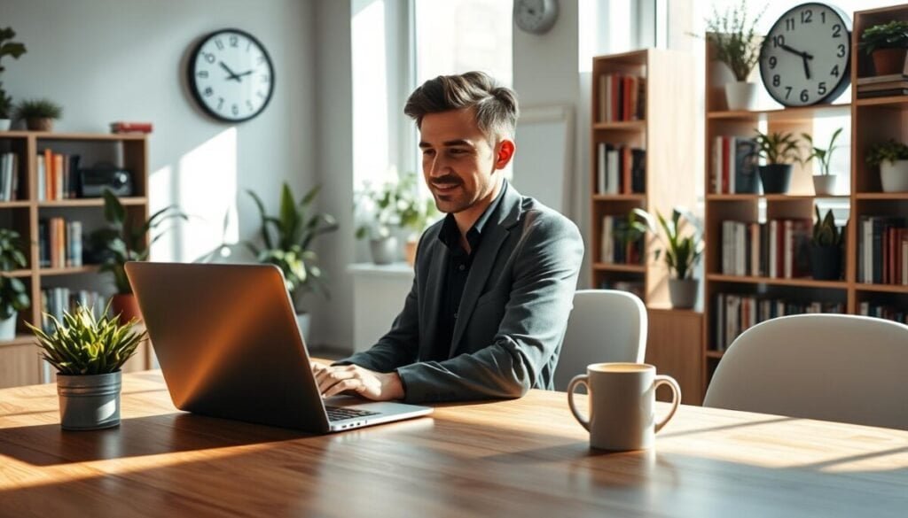 A serene office environment depicting a professional working on a laptop in a well-lit room during focus time. The foreground features a modern wooden desk with a sleek laptop, a potted plant, and a cozy coffee mug, symbolizing concentration. In the middle, a focused individual, dressed in business casual attire, is sitting upright, with a slight smile while concentrating on the screen. Natural light pours in from a large window, creating soft shadows that emphasize a calm atmosphere. The background consists of bookshelves filled with neatly organized books and plants, enhancing the professional yet relaxed vibe, while a wall clock shows a specific time, suggesting dedicated focus. The overall mood is productive and tranquil, highlighting the importance of time management.