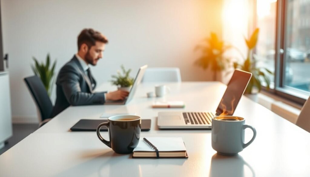 A serene office environment focused on "focus time" and deep work. In the foreground, a professional individual in business attire sits at a modern, minimalist desk, deeply engrossed in work on a laptop. The middle section features an elegantly organized workspace with plants, a notebook, and a steaming cup of coffee, symbolizing productivity and focus. The background showcases soft, natural light streaming through a large window, illuminating the space and creating a calm atmosphere. The lens captures a warm, inviting mood, emphasizing clarity and concentration while avoiding distractions. The composition should evoke a sense of tranquility and determination essential for achieving work-life balance.
