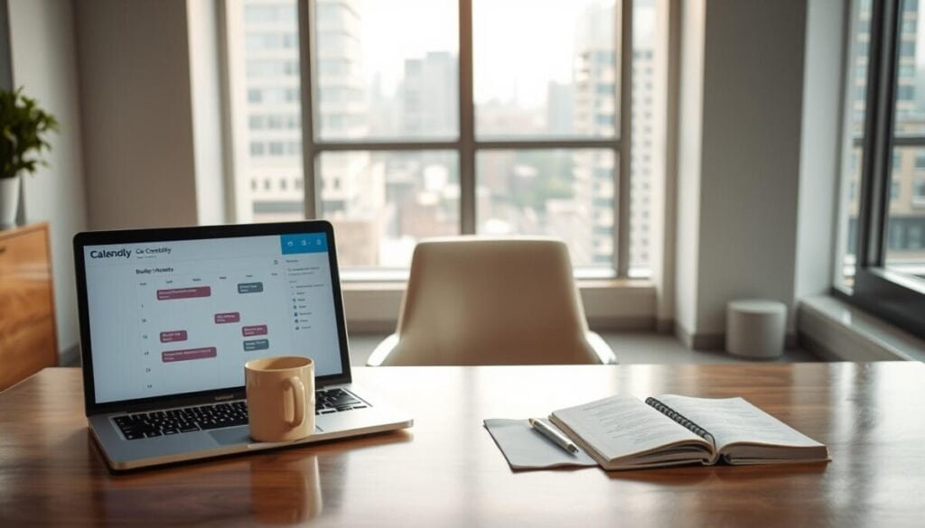 A serene office environment illustrating the concept of "buffer time" between meetings. In the foreground, a stylish, modern desk with a laptop open to a Calendly interface, displaying a calendar with scheduled events and visible buffer slots. A coffee mug sits next to a notepad filled with notes. In the middle, a comfortable chair positioned at the desk, suggesting an inviting, relaxed atmosphere. The background features a large window with soft natural light filtering in, revealing an urban landscape outside. The lighting creates a warm, inviting glow, enhancing the calm and focused mood. The overall composition emphasizes organization and productivity, illustrating the importance of buffer time in a visually appealing manner. A serene office environment illustrating the concept of "buffer time" between meetings. In the foreground, a stylish, modern desk with a laptop open to a Calendly interface, displaying a calendar with scheduled events and visible buffer slots. A coffee mug sits next to a notepad filled with notes. In the middle, a comfortable chair positioned at the desk, suggesting an inviting, relaxed atmosphere. The background features a large window with soft natural light filtering in, revealing an urban landscape outside. The lighting creates a warm, inviting glow, enhancing the calm and focused mood. The overall composition emphasizes organization and productivity, illustrating the importance of buffer time in a visually appealing manner.