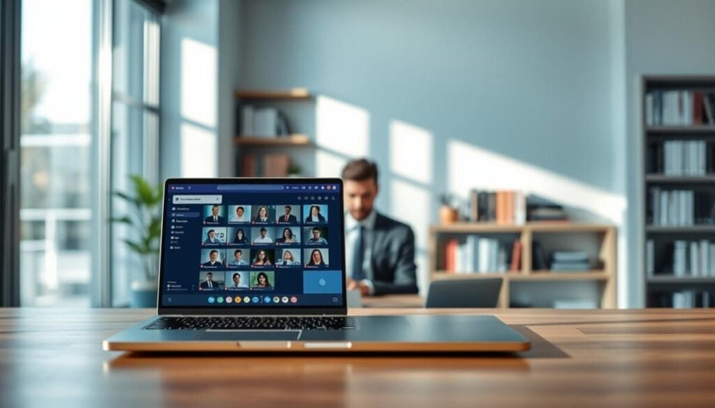 A serene office environment illustrating the concept of "presence." In the foreground, a sleek modern desk with a laptop open to a Microsoft Teams interface, displaying vibrant activity icons. The middle layer features a person in professional business attire, thoughtfully engaged with their screen, exuding focus and intent. Soft natural light from a nearby window casts gentle shadows, enhancing the atmosphere of productivity. In the background, blurred bookshelves filled with professional literature symbolize knowledge and continuous growth. The overall mood is calm yet inspiring, emphasizing the balance between technology and human effort in maintaining presence in virtual spaces.