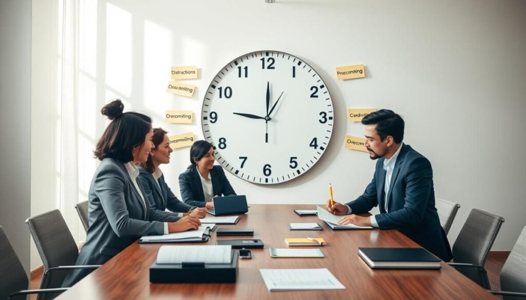 A serene office environment illustrating the theme of "overcoming time blocking pitfalls." In the foreground, a diverse group of three professionals, dressed in smart business attire, is engaged in a focused discussion at a wooden conference table filled with planners and digital devices displaying schedules. In the middle ground, a large wall clock slowly moves backwards, symbolizing time manipulation, surrounded by post-it notes highlighting common pitfalls like "distractions," "procrastination," and "overcommitting." The background features a sunny window with soft, natural light pouring in, casting gentle shadows. The overall mood is optimistic and empowering, portraying a sense of collaboration and forward-thinking solutions aimed at mastering time management.