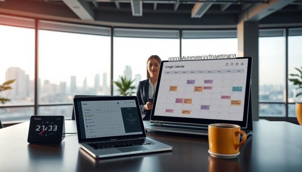 A serene office environment showcasing a large calendar on a modern, sleek desk. In the foreground, a neatly organized workspace features a laptop open to Google Calendar with automated buffer time settings displayed. Placed beside the laptop are a digital clock and a cup of steaming coffee, enhancing the productivity vibe. The middle ground shows a well-dressed professional female in business attire, reviewing her schedule with a thoughtful expression. In the background, large windows filter in soft natural light, illuminating the space with a warm glow, and a city skyline can be seen in the distance. The atmosphere is calm and focused, emphasizing efficiency and clarity in time management. The angle is a slightly elevated perspective, capturing the workspace and the professional at work harmoniously. A serene office environment showcasing a large calendar on a modern, sleek desk. In the foreground, a neatly organized workspace features a laptop open to Google Calendar with automated buffer time settings displayed. Placed beside the laptop are a digital clock and a cup of steaming coffee, enhancing the productivity vibe. The middle ground shows a well-dressed professional female in business attire, reviewing her schedule with a thoughtful expression. In the background, large windows filter in soft natural light, illuminating the space with a warm glow, and a city skyline can be seen in the distance. The atmosphere is calm and focused, emphasizing efficiency and clarity in time management. The angle is a slightly elevated perspective, capturing the workspace and the professional at work harmoniously.
