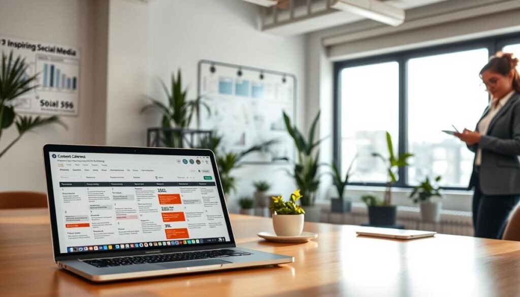 A serene office environment showcasing a modern workspace designed for social media management. In the foreground, a laptop is open to a beautifully organized content calendar, displaying a timeline of evergreen content recycling. To the right, a professional, ethnically diverse person in smart casual attire is jotting down ideas on a notepad, showing focused engagement. In the middle ground, a wall adorned with inspiring social media statistics and visual diagrams reflects planning and strategy. The background features large windows allowing soft natural light to flood the space, creating a warm, inviting atmosphere. Subtle indoor plants add a touch of greenery, promoting a calm and productive vibe. The scene captures the essence of creativity and efficiency in digital content planning.