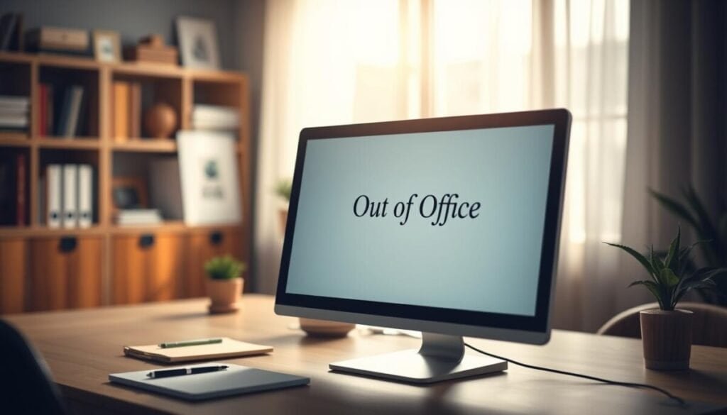A serene office setting showcasing a computer screen displaying an elegantly styled "Out of Office" message. In the foreground, the computer is sleek and modern, with a clear view of the open email client, emphasizing a professional layout. The middle ground features a tidy desk adorned with minimalistic stationery—a notebook, pen, and a small plant. Soft, natural lighting streams through a window, creating a warm atmosphere, while subtle shadows add depth. In the background, you can see blurred shelves with books and personal items, enhancing the cozy yet professional vibe of the workspace. The mood is calm and organized, conveying a sense of readiness for the user's absence while remaining inviting and inspiring.