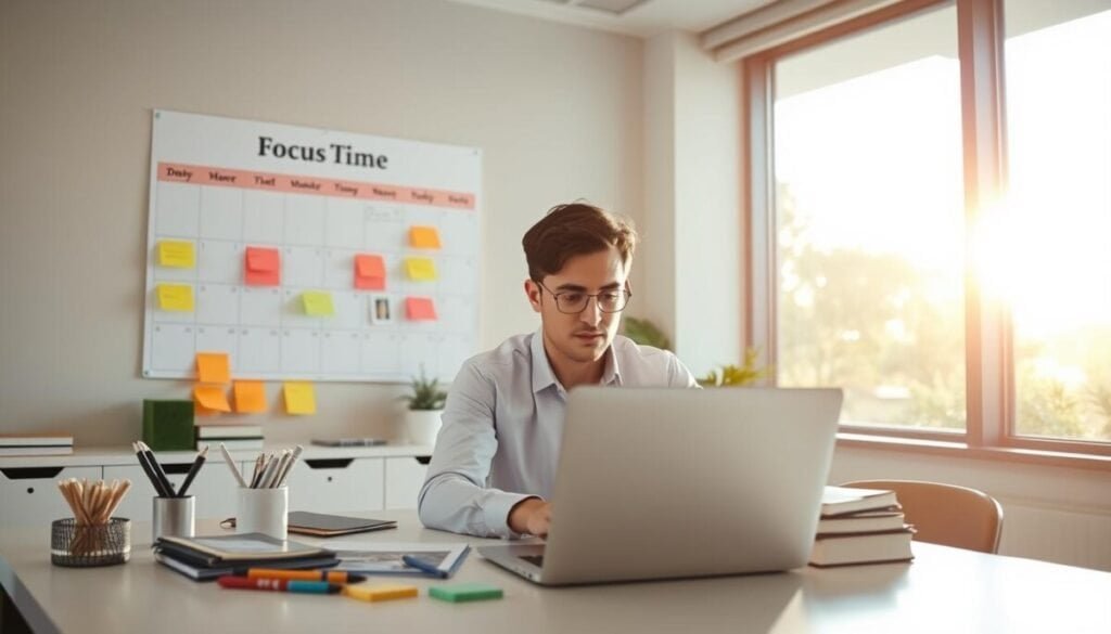 A serene office space bathed in warm, natural light during the late afternoon. In the foreground, a professional individual in smart casual attire sits at a clean desk, focused on their laptop, with a thoughtful expression. Various planner tools and colorful sticky notes are neatly organized around them. The middle ground features a large wall calendar marked with "Focus Time" in vibrant color blocks, visually signifying the importance of time management. In the background, a tranquil outdoor view through a large window, showcasing green trees and soft sunlight filtering in, enhances the atmosphere. The scene embodies productivity and tranquility, evoking a sense of calm amidst the busy work environment. The image should be captured from a slight angle to emphasize both the individual’s concentration and the organized workspace.