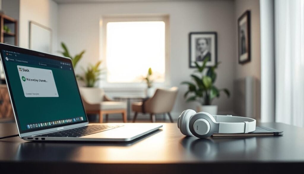 A serene office space illustrating the concept of "muting noisy channels." In the foreground, a sleek desk holds a modern laptop displaying a muted Slack interface. Soft, white noise-canceling headphones are placed beside the laptop, symbolizing focus. The middle ground features a cozy nook with a comfortable chair and a small table, adorned with a calming green plant. In the background, a large window lets in warm, diffused sunlight, illuminating the room with a sense of tranquility. The walls are decorated with minimalistic art, enhancing the professional atmosphere. Use a shallow depth of field to keep the foreground sharp and the background slightly blurred, emphasizing a peaceful, distraction-free environment. The overall mood is calm and focused, suitable for advanced strategies in productivity.