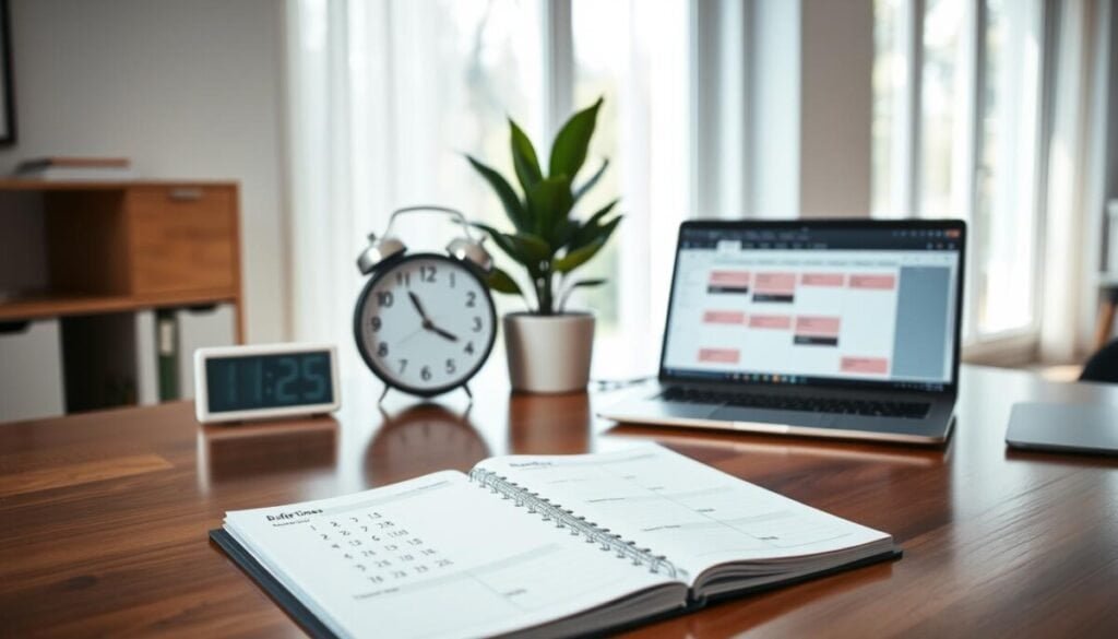 A serene office space with a polished wooden desk at the forefront, featuring a planner open to a page marked with carefully organized time slots, symbolizing buffer times. The middle ground includes a digital clock showing precise hours, a calming green plant, and a laptop displaying a scheduling application with highlighted buffer intervals. In the background, soft natural light filters through large windows, illuminating the room and enhancing a sense of calmness and organization. The overall tone of the image should evoke professionalism and clarity, suggesting efficiency and thoughtful planning in a workplace setting. The scene captures the concept of managing time effectively with a focus on maintaining a balanced schedule.