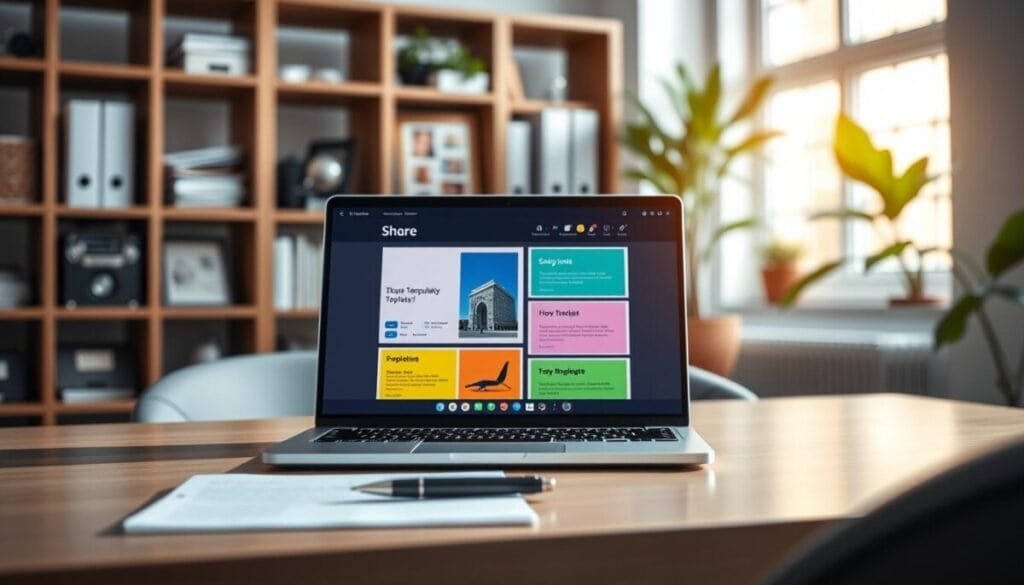 A serene office workspace featuring a laptop open to a vibrant email template interface, showcasing visually appealing share templates designed for professional communication. In the foreground, a sleek modern desk with a notepad and a stylish pen. In the middle, a computer screen filled with colorful blocks representing different sections of an email template, alongside icons for various third-party integrations, all radiating productivity. The background presents soft-focus elements like bookshelves filled with organizational materials and a plant to add a touch of nature. Natural light filters through a nearby window, casting a warm glow on the scene, creating an inviting and focused atmosphere, suitable for showcasing how to enhance productivity in email management.