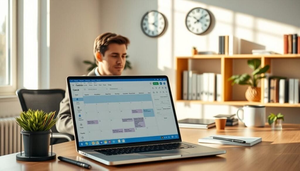 A serene office workspace set during a focused afternoon light, where a professional person in smart casual attire is seated at a stylish desk. The foreground features a modern laptop open to a clutter-free Outlook Calendar interface, highlighting focus time blocks. Neatly organized stationery and a small potted plant add a touch of calm. In the middle ground, a wall-mounted clock ticks away, emphasizing the importance of managing time effectively. Soft, natural light filters through a window, casting gentle shadows that create a tranquil atmosphere. In the background, a bookshelf displays neatly arranged books on productivity and time management, reinforcing the theme of organization and focus. The overall mood is one of concentration and clarity, designed to inspire a sense of productivity and efficient planning. A serene office workspace set during a focused afternoon light, where a professional person in smart casual attire is seated at a stylish desk. The foreground features a modern laptop open to a clutter-free Outlook Calendar interface, highlighting focus time blocks. Neatly organized stationery and a small potted plant add a touch of calm. In the middle ground, a wall-mounted clock ticks away, emphasizing the importance of managing time effectively. Soft, natural light filters through a window, casting gentle shadows that create a tranquil atmosphere. In the background, a bookshelf displays neatly arranged books on productivity and time management, reinforcing the theme of organization and focus. The overall mood is one of concentration and clarity, designed to inspire a sense of productivity and efficient planning.