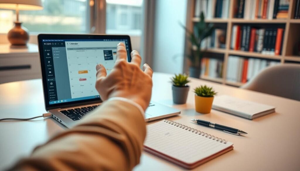 A serene workspace featuring a modern desk with a sleek laptop open to a digital calendar interface. In the foreground, a hand reaching towards the screen, poised to create a new calendar entry. The middle ground includes a neatly organized planner, a stylish pen, and a small potted plant, adding a touch of nature to the scene. In the background, a soft-focus bookshelf filled with motivational books and a window letting in warm, natural light. The atmosphere is calm and focused, conveying a sense of productivity and clarity. The lighting is soft and inviting, emphasizing the professionalism of the workspace while inspiring a deep work mindset. The overall mood is one of concentration and intention, perfect for fostering a productive environment. A serene workspace featuring a modern desk with a sleek laptop open to a digital calendar interface. In the foreground, a hand reaching towards the screen, poised to create a new calendar entry. The middle ground includes a neatly organized planner, a stylish pen, and a small potted plant, adding a touch of nature to the scene. In the background, a soft-focus bookshelf filled with motivational books and a window letting in warm, natural light. The atmosphere is calm and focused, conveying a sense of productivity and clarity. The lighting is soft and inviting, emphasizing the professionalism of the workspace while inspiring a deep work mindset. The overall mood is one of concentration and intention, perfect for fostering a productive environment.