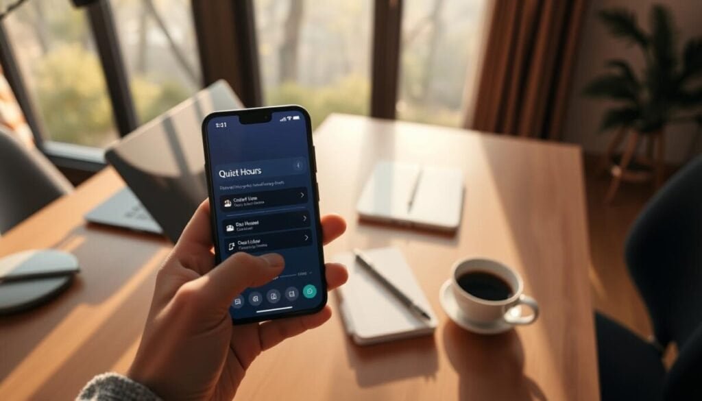 A serene workspace featuring a modern smartphone displaying the Microsoft Teams mobile app interface, highlighting the "Quiet Hours" feature. In the foreground, a hand gently taps the screen to schedule quiet time. The middle ground showcases a clean, organized desk with a laptop, a notepad, and a cup of coffee, all bathed in soft, warm lighting. In the background, a large window reveals a peaceful outdoor view of trees and sunlight filtering through. The composition emphasizes focus and tranquility, with a cozy and professional atmosphere. Capture the scene from a slight overhead angle to accentuate the smartphone and the workspace elements, creating an inviting and calm mood.