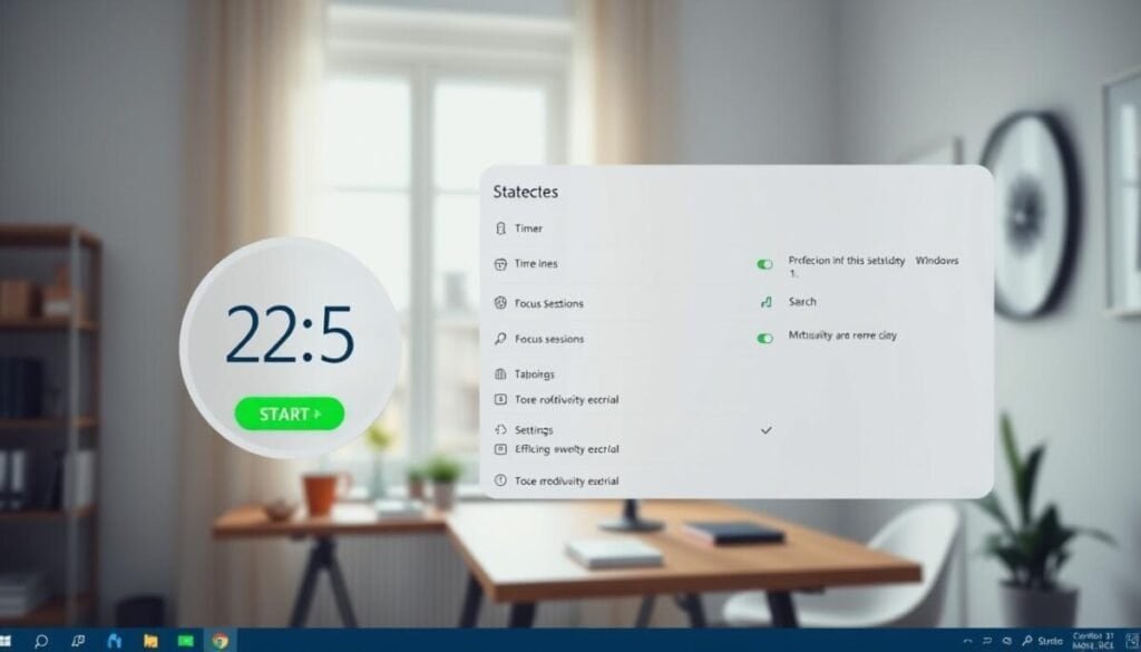 A sleek and modern clock app timer interface prominently displayed on a Windows 11 screen. In the foreground, the timer shows a countdown of 25 minutes, with a vibrant green start button and a subtle digital aesthetic. The middle layer features a clear view of various timer settings, such as focus sessions and productivity metrics, all rendered in the characteristic Windows 11 style. The background showcases a softly blurred home office environment, complete with a stylish desk and a plant, giving a sense of a productive workspace. The scene is illuminated by gentle, natural lighting filtering through a window, creating a calm and focused atmosphere. The overall mood is one of efficiency and concentration, perfect for illustrating the clock app's functionality in enhancing productivity.
