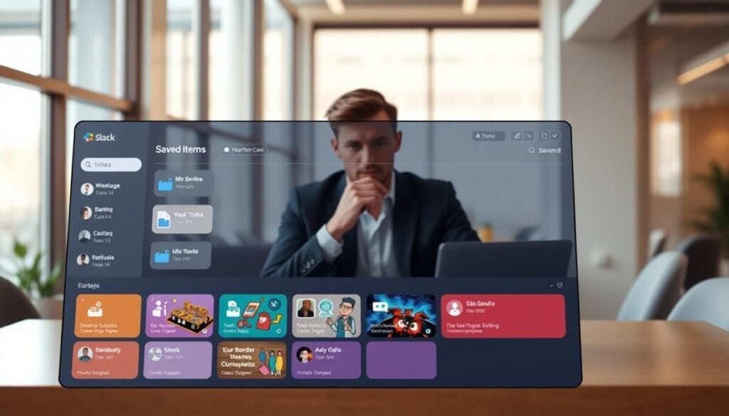 A sleek and modern digital dashboard showcasing a "Saved Items" section from Slack. In the foreground, a well-organized grid layout displays various saved messages and links with vibrant thumbnails. Each item is represented by an easily recognizable icon, such as paperclips for files and message bubbles for conversations. In the middle ground, a professional-looking user is seated at a contemporary desk, thoughtfully interacting with the dashboard, depicted in modest business attire. The background features a softly blurred office setting, with warm, natural lighting filtering through large windows, creating a productive and focused atmosphere. The overall mood is one of efficiency and orderliness, illustrating effective digital message management.