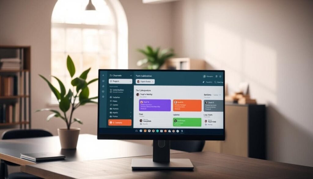 A sleek and modern digital workspace featuring various Slack channel sections neatly organized on a computer screen. In the foreground, a professional-looking computer with a clear display, showing colorful channel tabs representing different topics such as "Projects," "Team Collaboration," and "Updates." The middle ground showcases a cozy office environment with a stylish desk, a plant, and muted lighting that creates a focused atmosphere. In the background, blurred elements like bookshelves and a window allowing soft, natural light to filter in, enhancing the productivity vibe. The mood is organized and efficient, perfect for illustrating the concept of creating custom sections for channels and conversations.