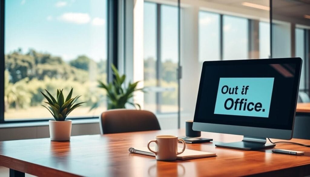 A sleek and modern office environment featuring an elegant desk with a computer displaying an "Out of Office" status on the screen. The foreground includes a polished wooden desk with a potted plant and a closed laptop, while a stylish coffee mug rests beside a planner. In the middle, a soft-focus view of a chair slightly pushed back, suggesting the absence of a person. The background shows a large window with natural light streaming in, reflecting a serene outdoor landscape with greenery and a clear blue sky. The scene conveys a calm and professional atmosphere, suitable for a productivity-focused article, with warm lighting that enhances the inviting feel of the workspace.