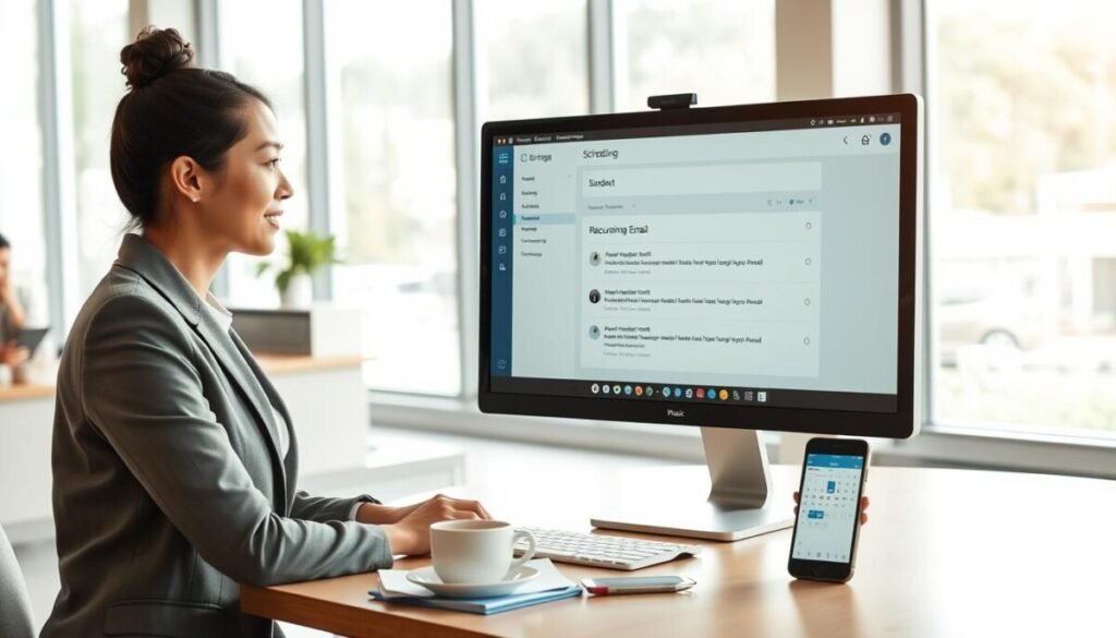 A sleek and modern office workspace featuring a desktop computer displaying a visually appealing email scheduling interface with recurring email options highlighted. In the foreground, a professional woman in business attire is actively engaging with the screen, her expression focused and thoughtful. The middle ground includes a well-organized desk with a notebook, a cup of coffee, and a smartphone displaying calendar reminders. The background showcases a bright office environment with large windows allowing natural light to fill the space, creating a productive atmosphere. Use soft, warm lighting to evoke a feeling of efficiency and calm. Capture the scene from a slightly elevated angle to emphasize the technology and the individual's interaction with it. The overall mood should convey innovation and professionalism, perfect for illustrating advanced techniques in email automation.