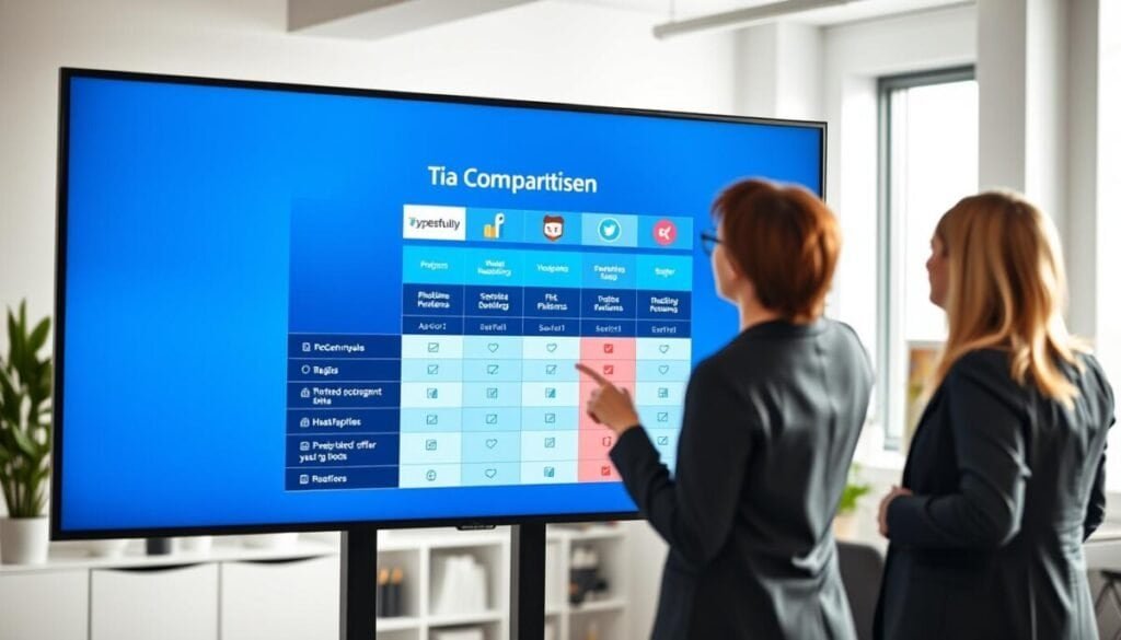A sleek and modern platform comparison interface displayed on a large, high-resolution screen in a professional setting. In the foreground, two individuals in business attire (one male and one female) are engaged in a discussion, pointing at the screen. The middle of the image features a visually striking layout of different platform icons, such as Typefully, Hootsuite, and Buffer, arranged in a comparison table format with grid lines and color-coded evaluations. In the background, a clean and organized office space with minimalistic decor enhances focus on the interface. Soft, natural lighting filters through a window, creating a collaborative and focused atmosphere, while a shallow depth of field subtly blurs the background to emphasize the detailed information on the screen.