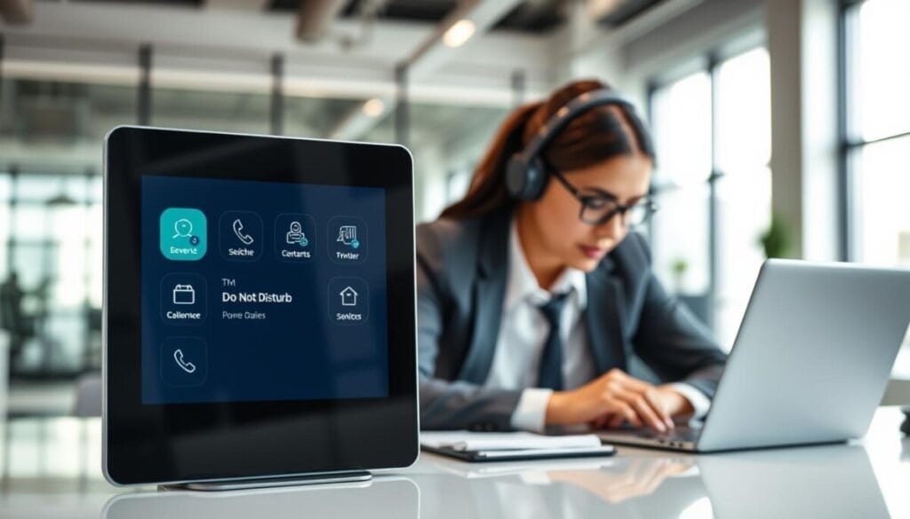 A sleek and modern sales dialer interface displayed prominently in the foreground, featuring a digital screen with user-friendly icons and a clear "Do Not Disturb" toggle visible. In the middle, a well-organized workspace with a professional business person dressed in smart attire, focusing intently on the dialer, with a headset on. The background showcases a bright and inviting office space, with soft natural light coming through large windows, creating a productive atmosphere. The camera angle is slightly elevated, capturing the dialer and user in dynamic yet polished detail. The overall mood conveys efficiency and concentration, ideal for configuring call management settings effectively.