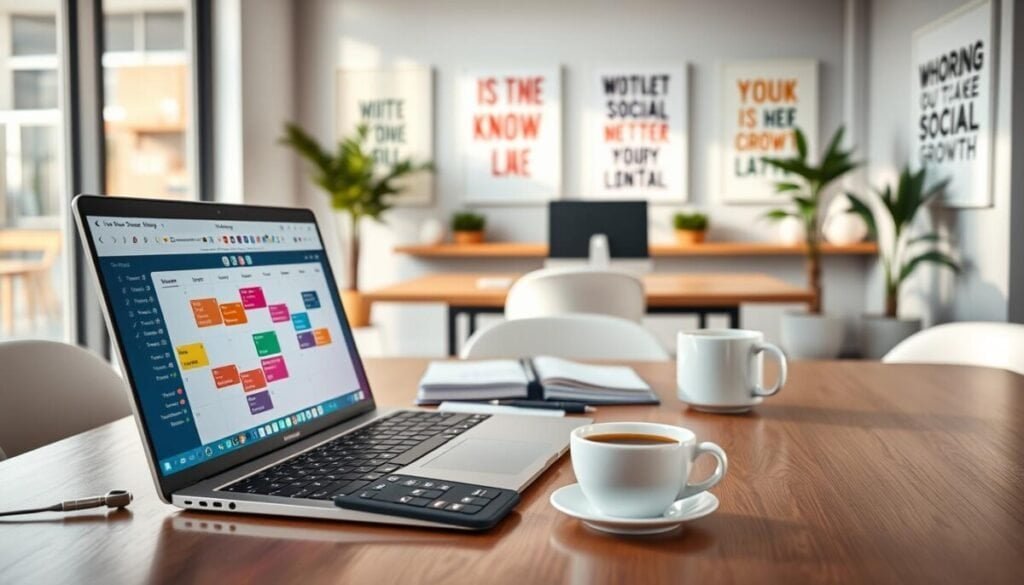 A sleek and modern workspace featuring tools for automated scheduling. In the foreground, a stylish laptop displaying a vibrant calendar app with colorful posts indicating scheduled tweets. Beside it, a smartphone with notifications and productivity apps. In the middle, a planner and a cup of coffee, symbolizing organization and focus. The background should display an inspiring office environment with motivational posters subtly related to social media growth, soft natural lighting streaming through a large window to create a warm and inviting atmosphere. Use a wide-angle lens to capture the entire scene, emphasizing an efficient and creative space, suitable for professionals aiming to enhance their social media presence.
