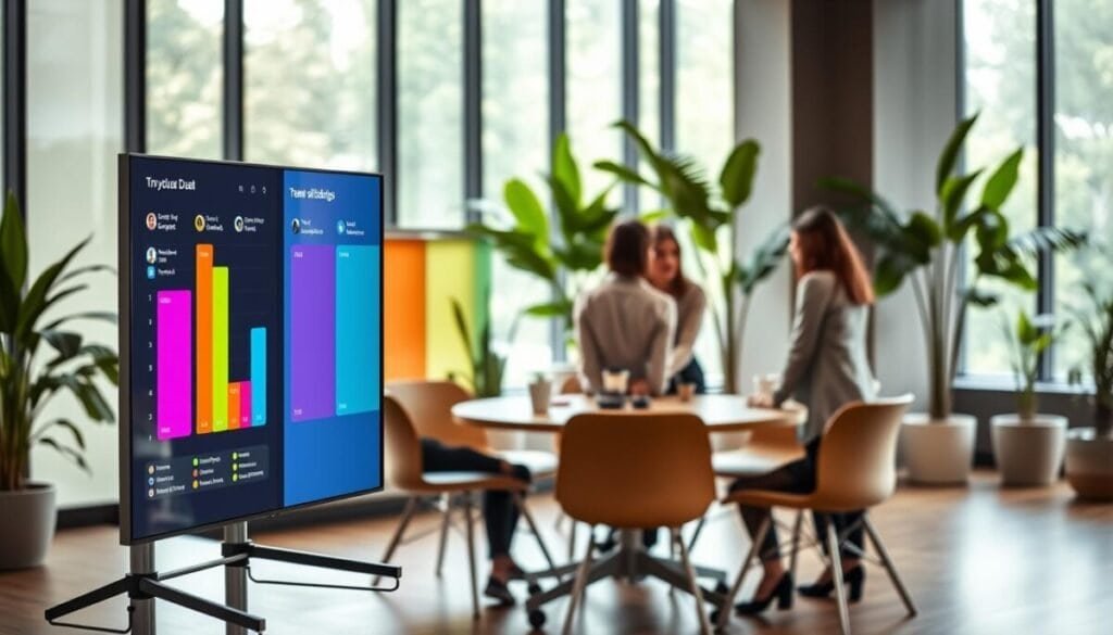 A sleek and modern workspace showcasing an organized "columns board" visualizing team availability tracking. In the foreground, a digital board is displayed on a large screen, with colorful columns labeled for different team members, each representing their availability status. In the middle ground, a round table with a few professionals in business attire collaborating, discussing the board’s visual data. The background features large windows allowing natural light to flood the space, accentuated by green plants for a fresh atmosphere. The overall mood is productive and energetic, captured from a slightly elevated angle that emphasizes the board and the teamwork dynamics. Soft, diffused lighting enhances clarity without harsh shadows, creating a welcoming and focused environment for team collaboration.