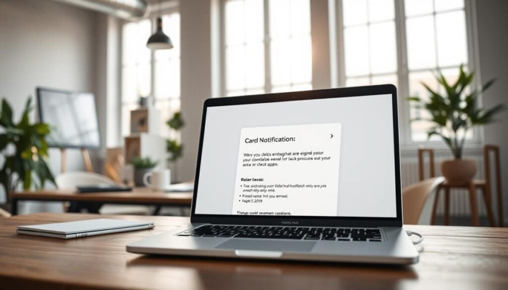 A sleek card notification email displayed on a modern laptop screen, set in a bright, airy office environment. The foreground features the laptop, with the email design showcasing an elegant layout that highlights integration with Trello Butler and external apps. In the middle ground, a stylish desk adorned with stationery, a plant, and a coffee mug creates a productive atmosphere. The background features large windows letting in soft natural light, illuminating the workspace and creating a sense of calm. The overall mood is professional and inspiring, emphasizing productivity and seamless communication in a visually appealing manner. The image is captured at eye level, with a shallow depth of field focusing on the email on the laptop. A sleek card notification email displayed on a modern laptop screen, set in a bright, airy office environment. The foreground features the laptop, with the email design showcasing an elegant layout that highlights integration with Trello Butler and external apps. In the middle ground, a stylish desk adorned with stationery, a plant, and a coffee mug creates a productive atmosphere. The background features large windows letting in soft natural light, illuminating the workspace and creating a sense of calm. The overall mood is professional and inspiring, emphasizing productivity and seamless communication in a visually appealing manner. The image is captured at eye level, with a shallow depth of field focusing on the email on the laptop.