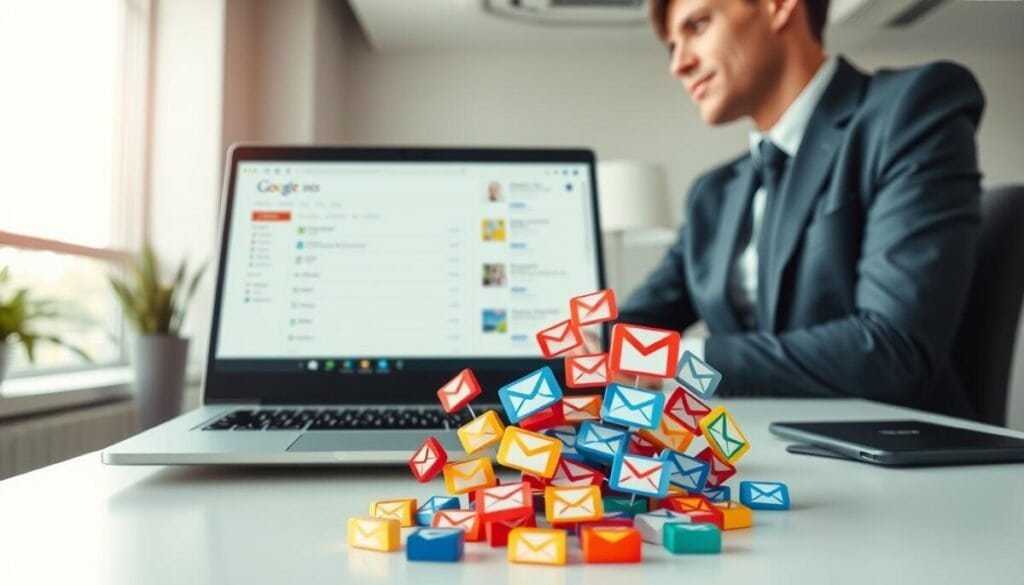 A sleek computer desk in a modern workspace, featuring an open laptop displaying Gmail's subscription management interface. The foreground includes a professional individual, dressed in smart casual attire, sitting at the desk, intently focused on the screen. The middle ground showcases vibrant email icons, representing various subscriptions, clustered around the laptop in a dynamic layout, illustrating the process of managing them. The background reveals a bright, airy office with soft natural lighting filtering through a large window, creating an inviting atmosphere. The perspective is slightly tilted from above, emphasizing the laptop and the individual's engagement in a clean, organized space, capturing the essence of digital productivity. A sleek computer desk in a modern workspace, featuring an open laptop displaying Gmail's subscription management interface. The foreground includes a professional individual, dressed in smart casual attire, sitting at the desk, intently focused on the screen. The middle ground showcases vibrant email icons, representing various subscriptions, clustered around the laptop in a dynamic layout, illustrating the process of managing them. The background reveals a bright, airy office with soft natural lighting filtering through a large window, creating an inviting atmosphere. The perspective is slightly tilted from above, emphasizing the laptop and the individual's engagement in a clean, organized space, capturing the essence of digital productivity.