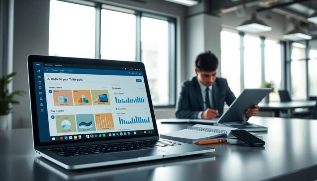 A sleek digital workspace exemplifying the benefits of dedicated scheduling tools. In the foreground, a stylish laptop displays a user-friendly interface for scheduling Twitter polls, with colorful charts and analytics. Beside it, a well-organized planner and smart device show integration capabilities. The middle ground includes a modern office setting, with a professional in business attire focused on multitasking, perhaps recording insights or brainstorming ideas. The background features a large window with soft, natural light streaming in, creating a bright, inviting atmosphere. The overall mood is one of productivity and innovation, emphasizing efficiency and clarity. The scene is captured from a slightly elevated angle, showcasing both the tools and the professional engagement.